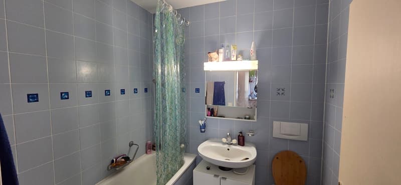 Bathtub with a shower curtain, sink with cabinet, mirror with a shelf, toilet, blue tiled walls