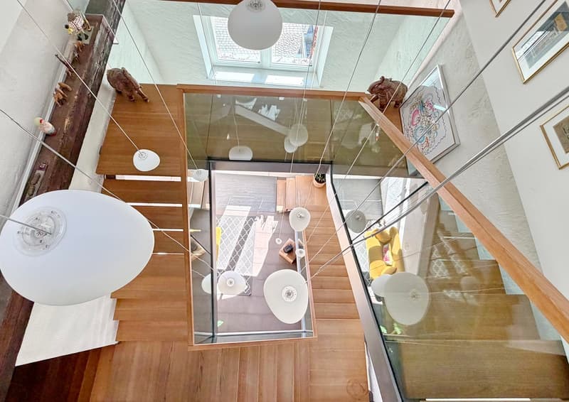Open stairs with glass steps, wooden stairs and railings, skylights, glass panel, wooden floor
