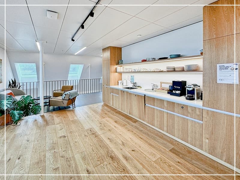 modern open kitchen with wooden flooring, wooden cabinets, multiple shelves, ceiling track lighting, kitchen appliances
