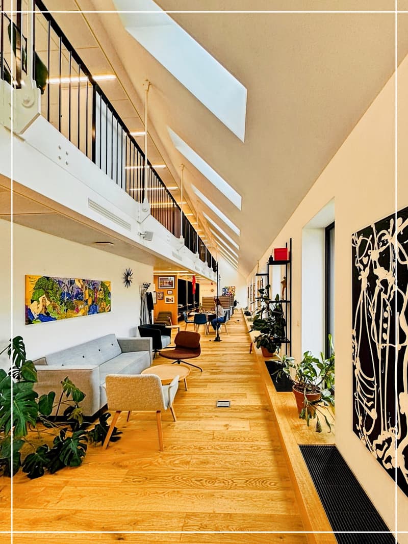 Open concept living space with high ceilings, hardwood floors, and large windows. The space features a living room area with a couch and chairs, as well as a dining area. The walls are decorated with artwork and plants are placed throughout the room, addi