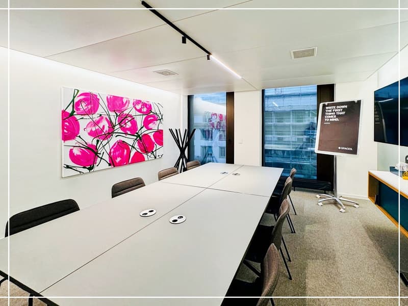 modern meeting room, long conference table, large pink painting, modern interior design, large windows, black furniture, art print, black speaker