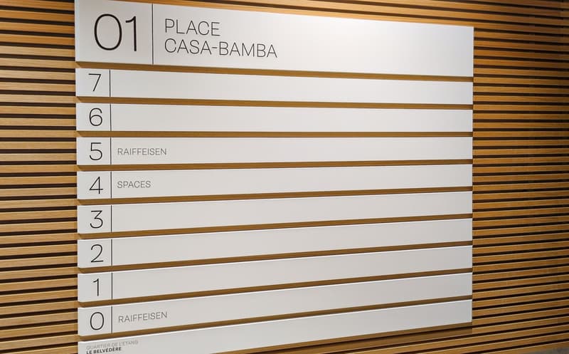 The image shows a numbered directory or directory board with the place name 'CASA-BAMBA' at the top. The numbered slots below indicate different rooms or spaces, including 'RAIFFEISEN', 'SPACES', and 'RAIFFEISEN' again.