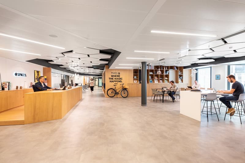 Modern design, wooden desks, bicycles, large open space, people working, indoor plants, large windows, indoor bicycles, tables, chairs