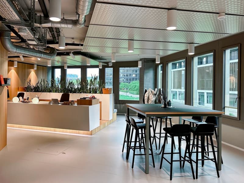 Open office space with large windows, high ceilings, and exposed ductwork. Includes a reception desk, meeting table with stools, and potted plants throughout the space.