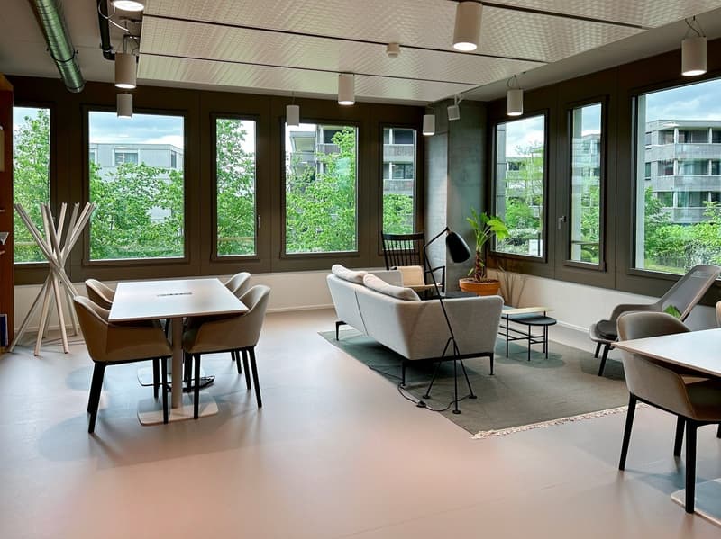 Spacious open-plan living area with large windows overlooking a green outdoor area, modern furniture including a sofa, chairs, and a dining table, and a cozy atmosphere with plants and lighting fixtures.