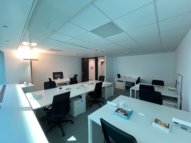 modern office, white desks, black chairs, grey carpet, lit from above