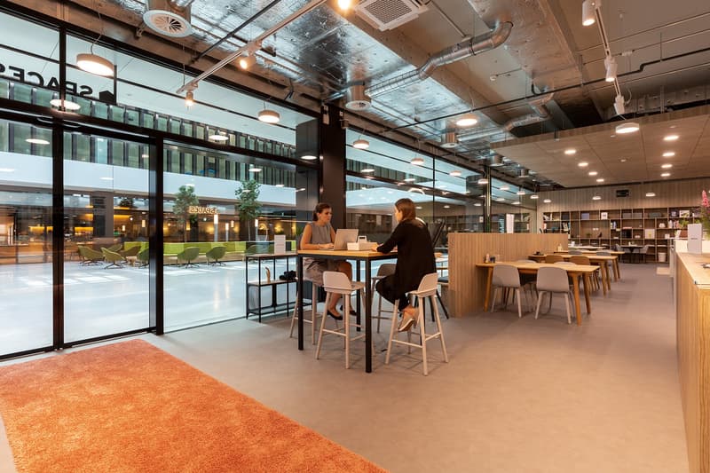 Modern office space with tables, chairs, glass walls, shelves, and carpet.