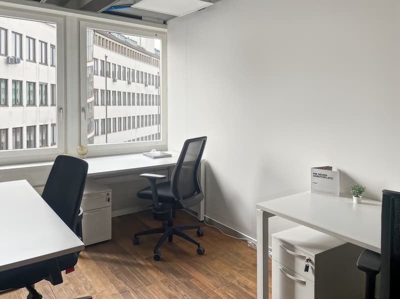 modern office with white walls, wooden floor, large windows, office chairs, desks, small plant