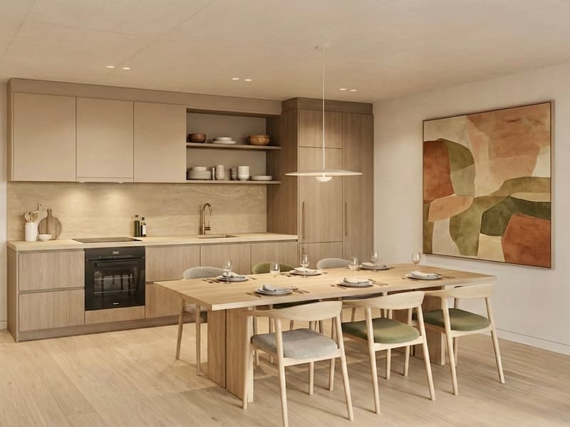 modern kitchen, wooden cabinets, wooden countertop, gas stove, oven, sink, faucet, large painting, dining table with chairs