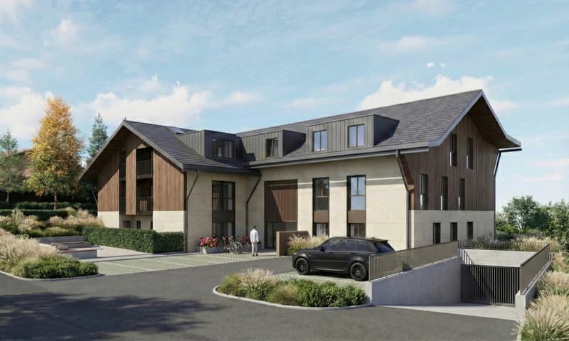 2-story house, wooden exterior, grey roof, large windows, driveway, front yard with landscaping, black car parked