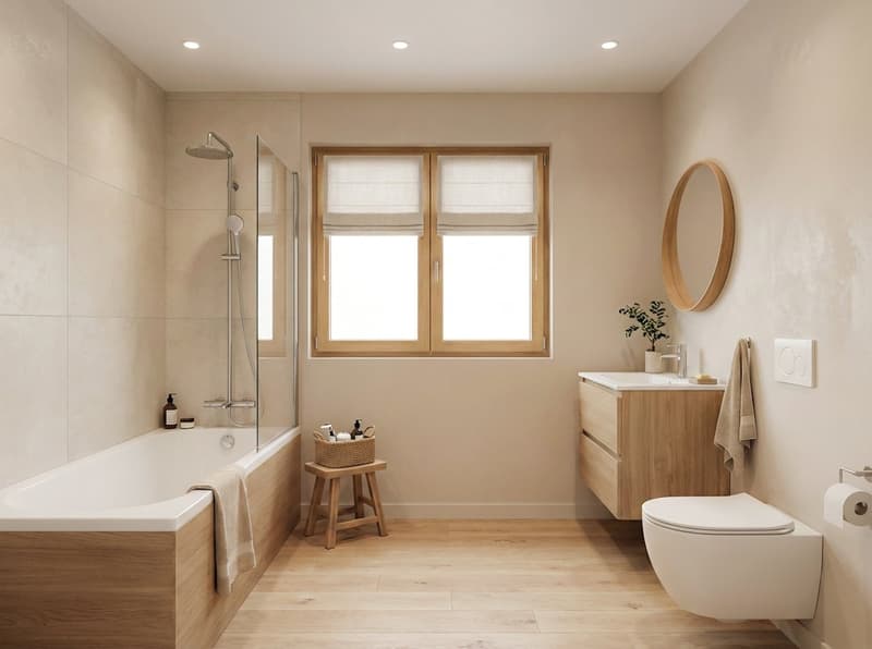 bathroom with wooden floor, beige walls, bathtub, shower, toilet, wooden cabinet, round mirror, window with blinds, stool with basket