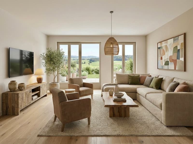 Large windows, beige L-shaped sofa, wooden coffee table, large rug, TV, rug