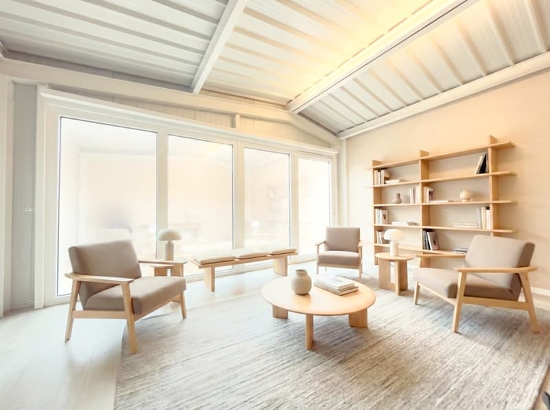 spacious living area, large windows, modern furniture, bookshelves, carpet, lamps, wooden coffee table, white ceramic vases, cushions, books