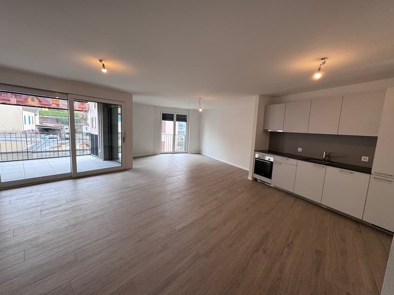 Open floor plan, wooden floor, sliding glass doors, balcony, kitchen with modern appliances, white cabinets, modern lighting