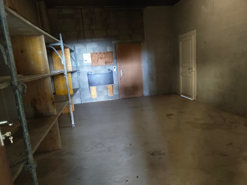 empty room, concrete floor, metal shelving, closed wooden and white doors, power outlets, storage room, unpainted walls