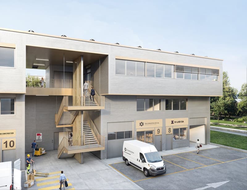 2-story commercial building with a modern, minimalist design. The building has large windows, a covered entrance, and an exterior staircase. There are designated parking spaces in the front of the building.
