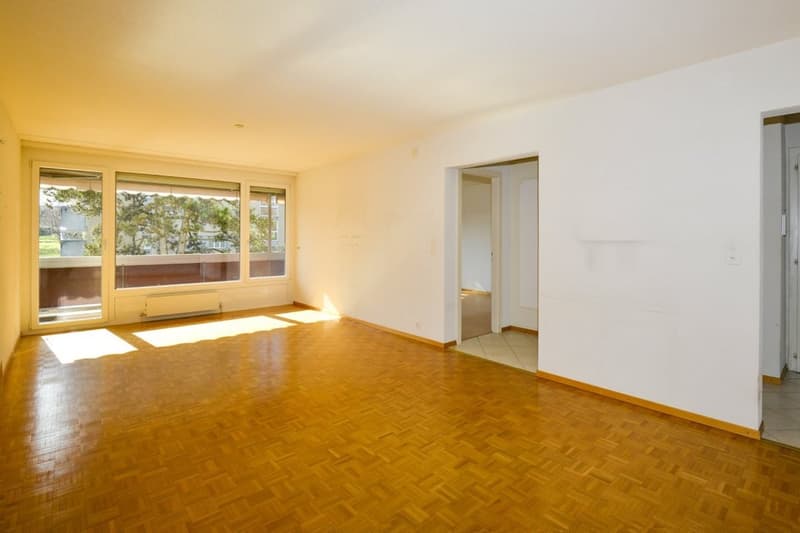 empty room, parquet floor, white walls, sliding windows, balcony, heaters