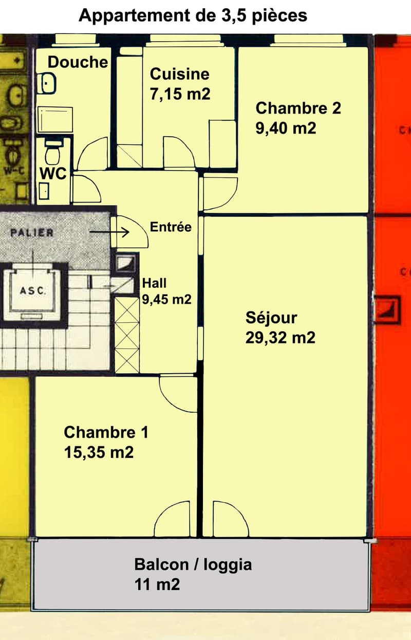 Entrance hall, living room, kitchen, 2 bedrooms, bathroom, balcony