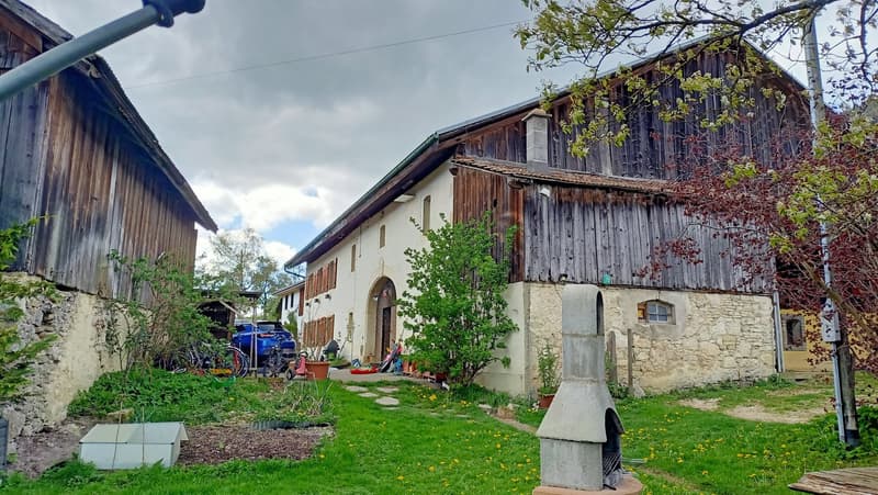 Old wooden farmhouse with stone walls, surrounded by a garden with plants and flowers, and a paved path leading to the entrance. There is a balcony or terrace visible on the upper floor.