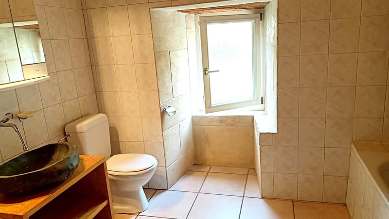 Tiled bathroom with a toilet, sink with a stone basin, and a window providing natural light.