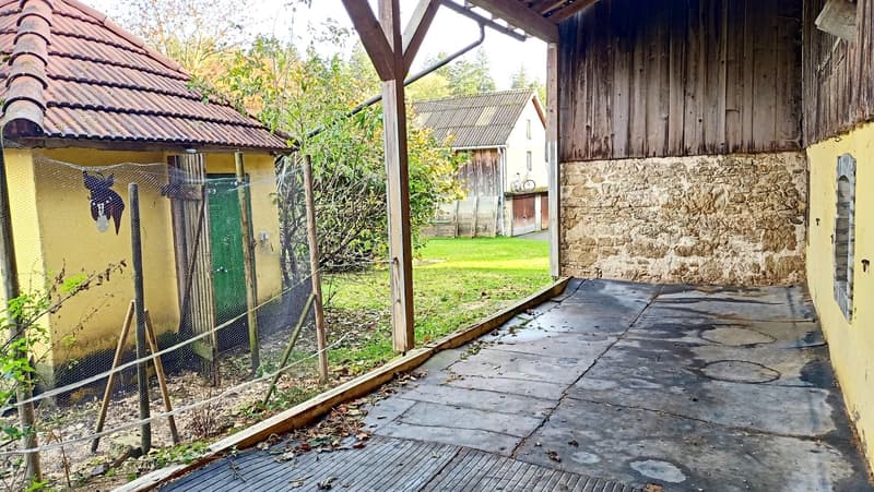 The image shows an outdoor area with a wooden structure, a stone wall, and a grassy yard. There is a small enclosure or cage-like structure, possibly for animals, and a wooden walkway leading through the area. The surroundings include trees and foliage, i