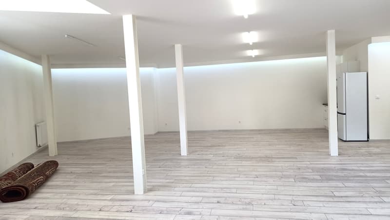 empty room, tiled floor, white walls, built-in white fridge, windows