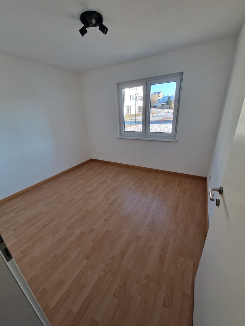 empty room, wooden floor, white walls, large window, ceiling lights