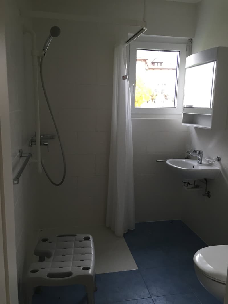 Bathroom with shower, sink, toilet, and a window