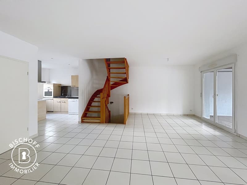 tiled floor, white walls, open kitchen, staircase