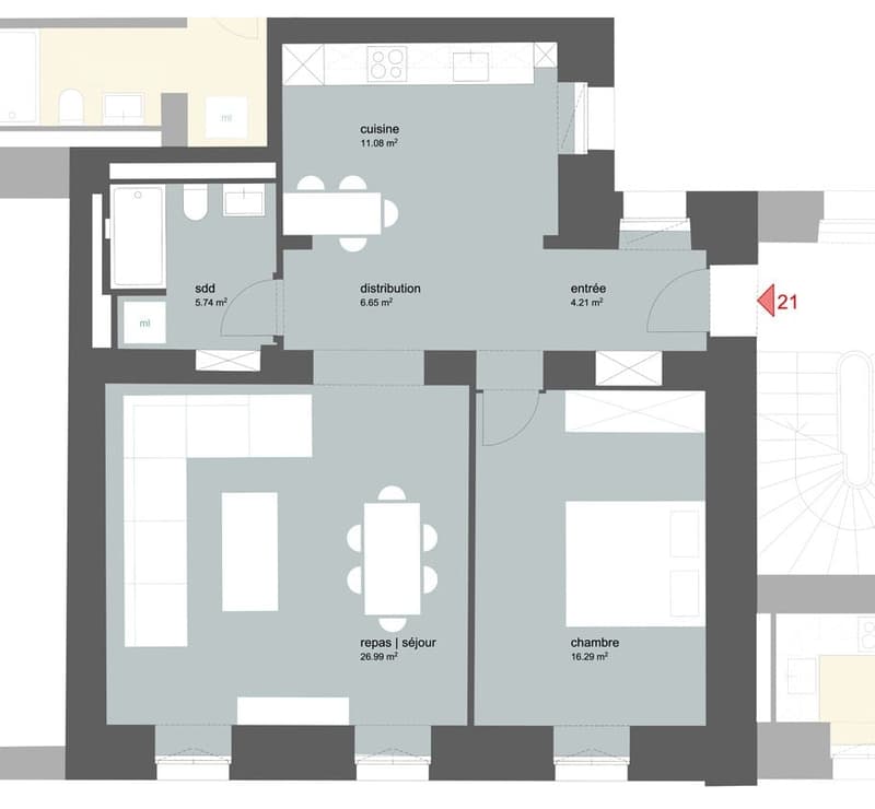 kitchen, dining area, living area, hallway, 2 bedrooms, bathroom, storage