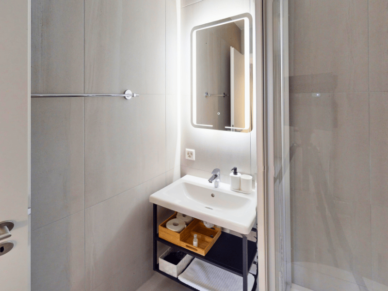 bathroom with sink, mirror, shower, toilet