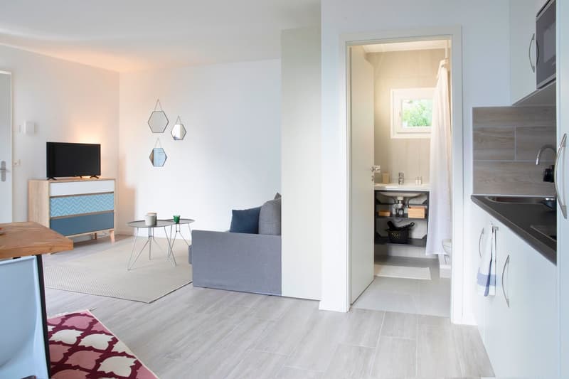 small room with sofa, television, carpet, side table, shelves, kitchen