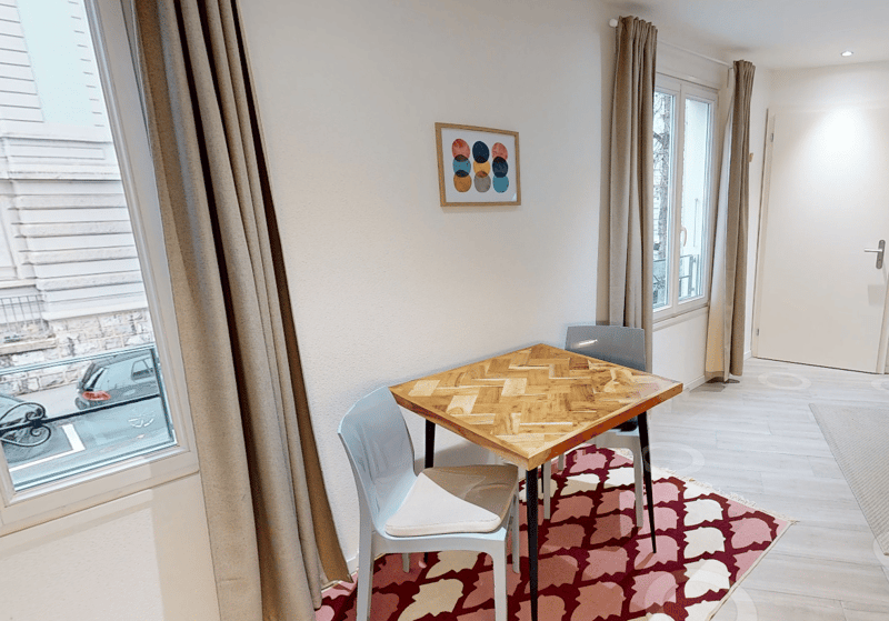 dining table, 2 chairs, rug, picture frame, sliding door, window