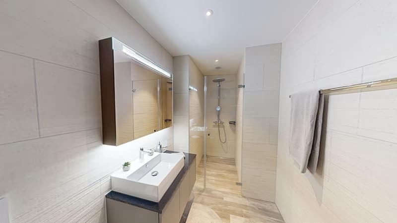 modern bathroom with shower, vanity sink, mirror, towel rack, and wooden floors