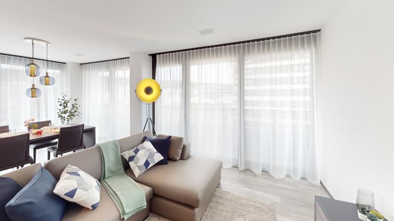Cozy living room with a gray couch, L-shaped sofa, carpet, dining table, glass lamps, curtains, and plants