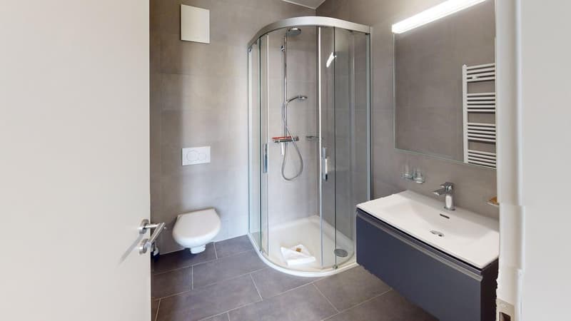 shower enclosure, toilet, sink, towel rack, modern design, tile flooring