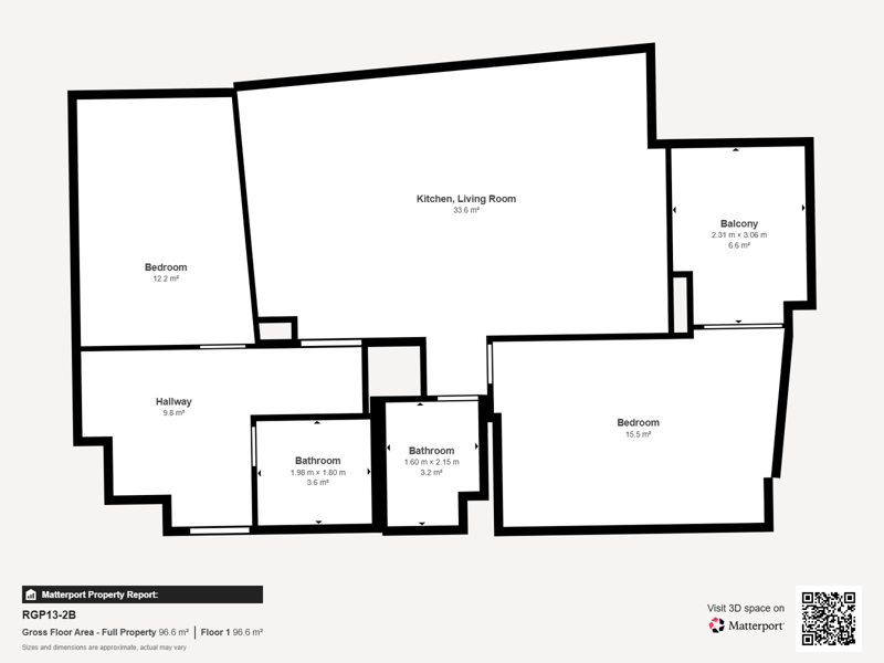 Floor 1: Kitchen, Living Room, Hallway, Bathroom, Bedroom 1, Bedroom 2, Balcony