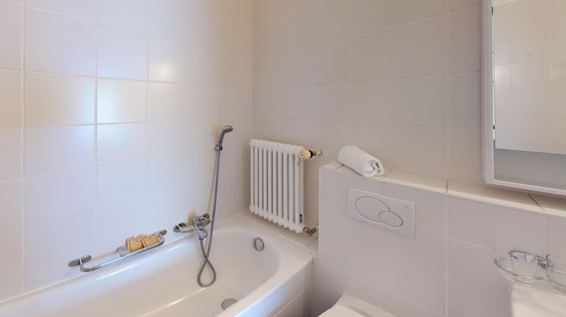 white tiled walls, bathtub, shower head, white radiator, white toilet, white sink, white mirror