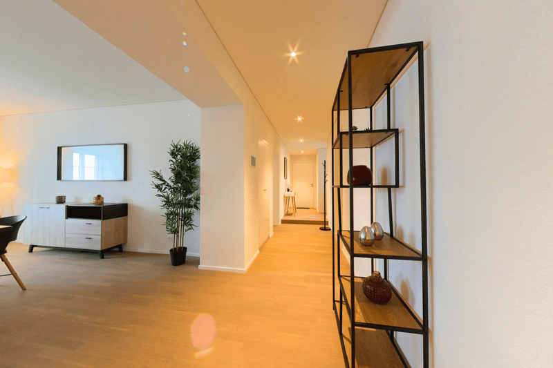 Open hallway with wooden floor, white walls, potted plant, modern decorative shelves, mirror, small black table, and chair.