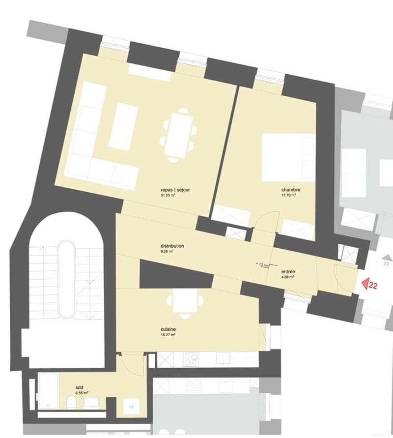 The floor plan shows a 1-bedroom apartment with a living room, kitchen, bedroom, bathroom, and a balcony/terrace.