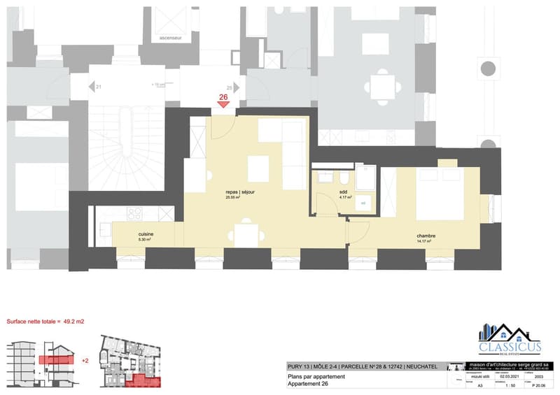 The floor plan shows a one-bedroom apartment with a living room, kitchen, bedroom, and bathroom. The apartment has a balcony or terrace.
