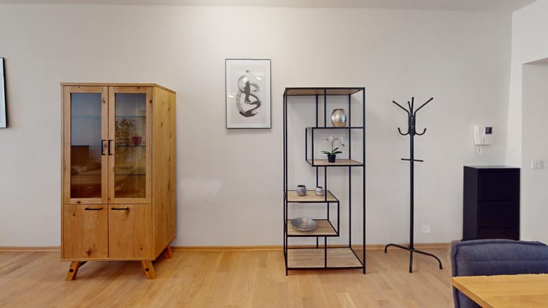 Wooden cabinet, black metal shelving unit, artwork on the wall, hardwood floor, gray sofa