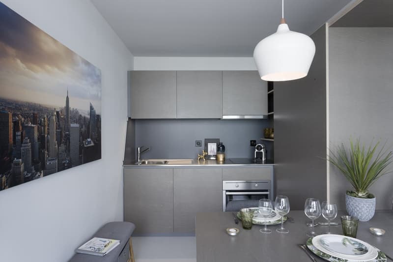 Modern, minimalist kitchen with gray cabinets, stainless steel appliances, and a large cityscape wall art. The kitchen features a sink, countertop, and a pendant light fixture.