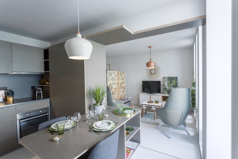 The image shows an open-concept kitchen and living room area. The kitchen features gray cabinets, a black oven, and a dishwasher. The living room area has a gray armchair, a TV stand, and decorative elements like plants and artwork. The space has a modern