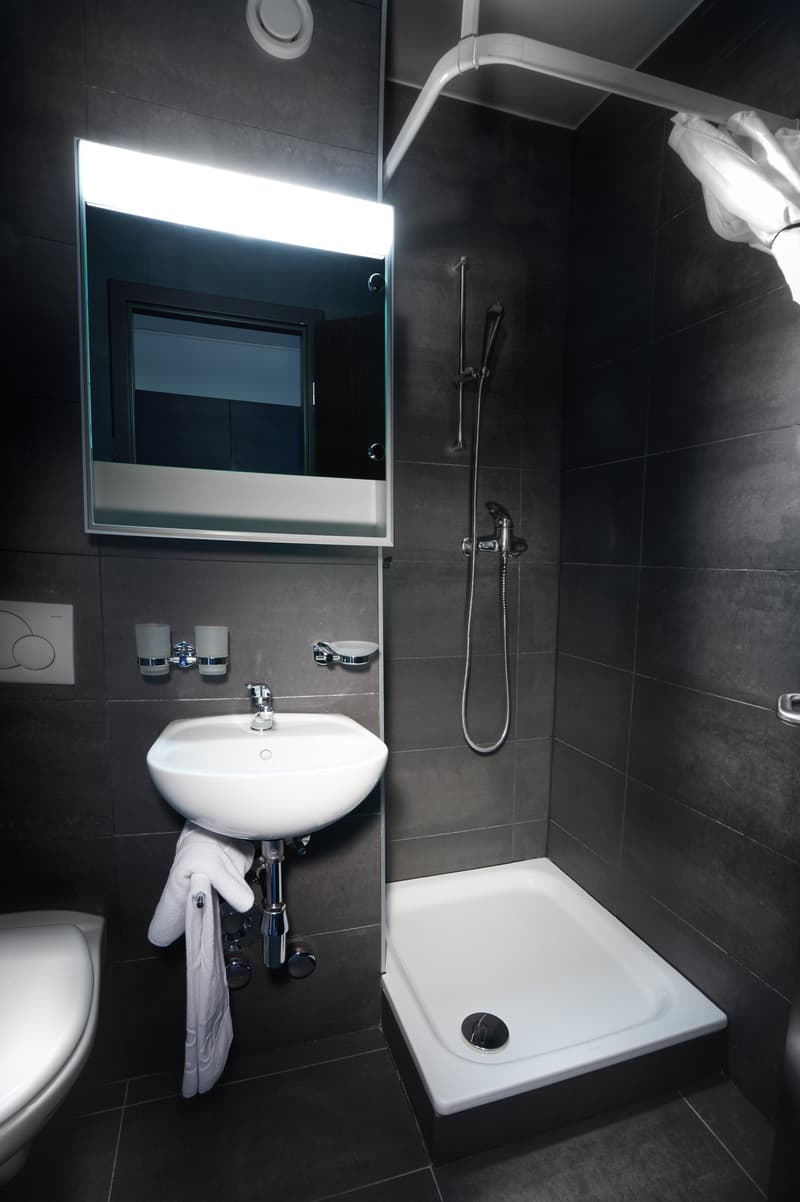 modern bathroom with white sink, mirror, shower, and toilet