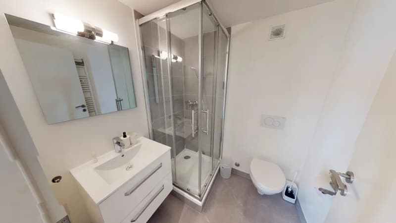 Modern bathroom with white vanity, mirror, glass shower enclosure, and toilet
