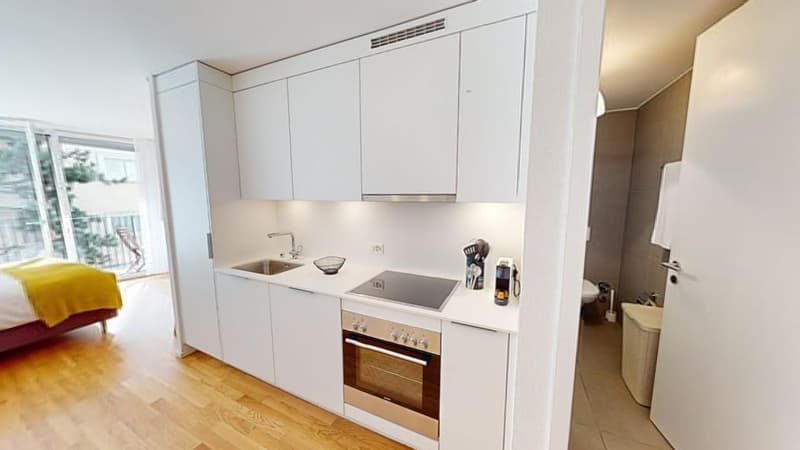 white kitchen, wooden floor, bathroom with toilet, sink, and shower, balcony