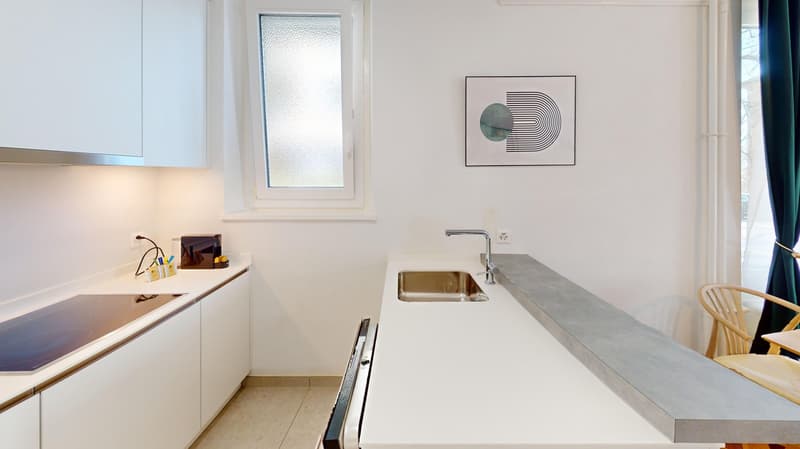 White countertops, stainless steel sink, dishwasher, induction cooktop, cabinet space, picture frame, power outlet, small window.