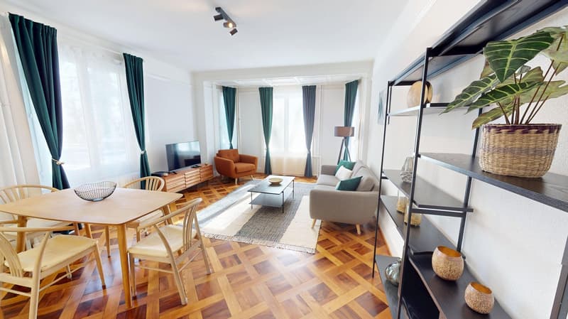 a modern room with a wood floor, a dining table with 6 chairs, a TV on a cabinet, a gray sofa with pillows, a wooden chair, a floor lamp, and a carpet