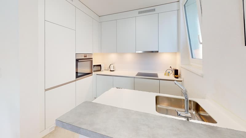 modern kitchen, white cabinets, stainless steel sink, microwave, dishwasher, induction hob, built-in oven, refrigerator